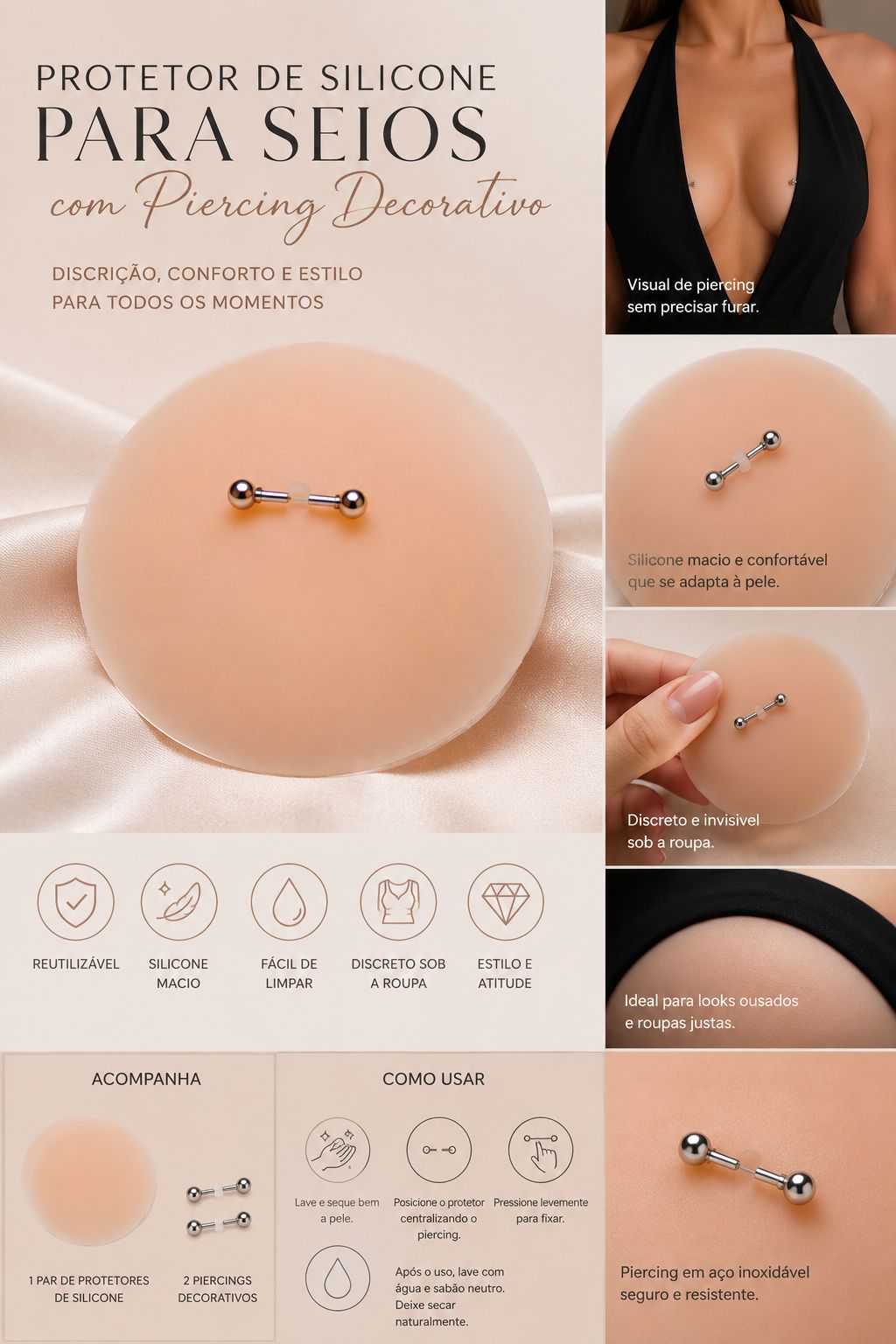 Protetor de silicone para seios com piercing decorativo  - Reutilizável